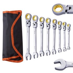 Flex-Head Ratcheting Wrench Set, 8-piece Combination Wrench Set with Roll-up Pouch, Cr-V Steel Flexible Ratcheting Wrench Set SAE 5/16" to 3/4"